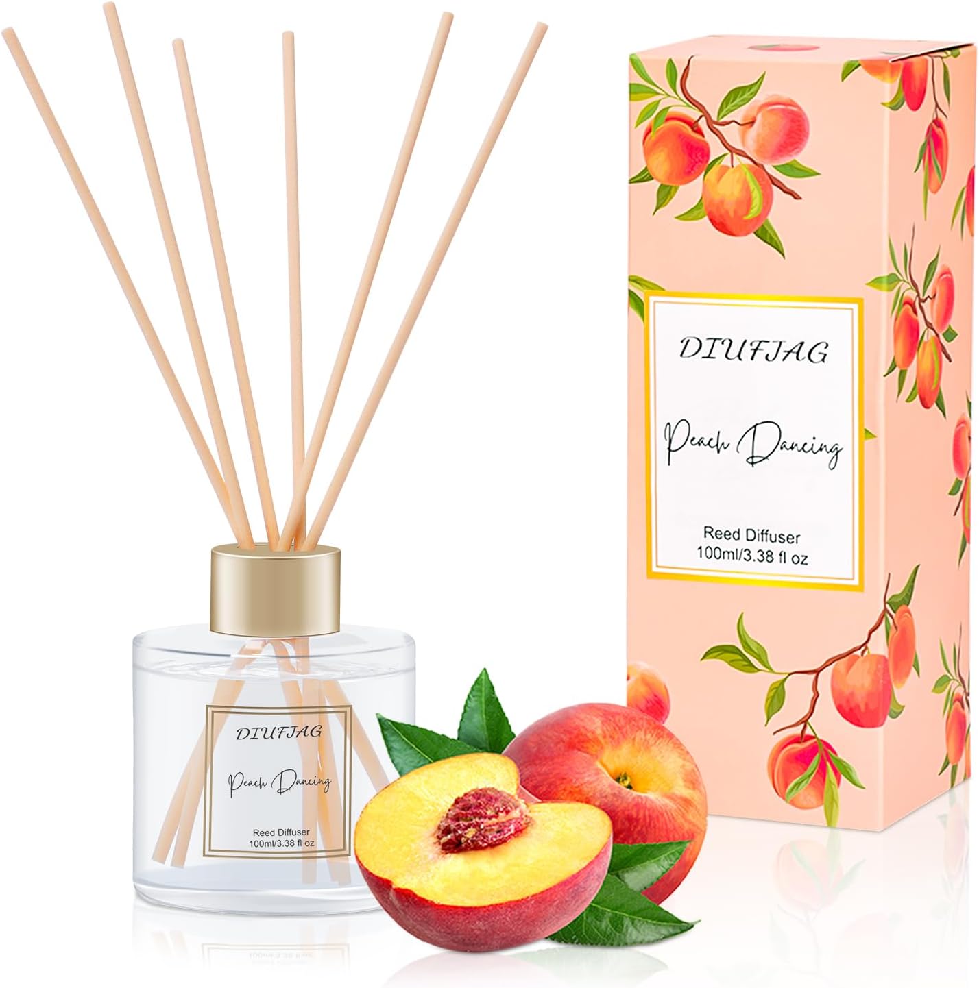 100ml Scent Diffuser with 6 Fiber Sticks, Peach Reed Diffuser Set Aromatherapy Fragrance Diffusers Air Fresheners for Home Bedroom Bathroom