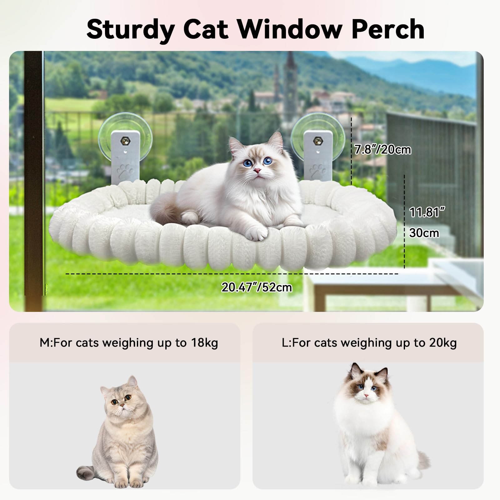 CareCooo Amaca per Gatti da Finestra, Lettino per Gatti con Ventose, Cuccia Gatto Finestra Pieghevole, Morbido Cuscino Lavabile per Riposo e Vista Panoramica, Resistente fino a 18 kg, 52x30cm, Bianco
