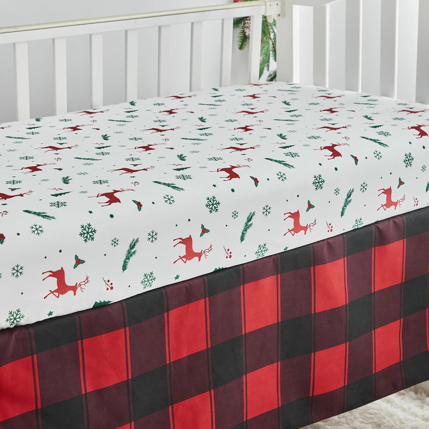Christmas Red Crib Bedding Set 3 Pieces New Year Style Quilted Plaid Comforter with Fitted Sheet and Bed Skirt - Cute Snowman House Deer Red Gray Design Baby Crib Bed Set
