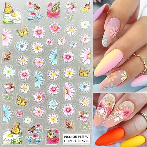 Miniatura 5 de Calcomanías de arte de uñas de flores, 5D, flores simples de primavera fresca, suministros de calcomanías de hojas con patrón de margaritas de