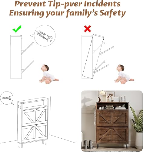 Miniatura 123 de Zapatero con 2 cajones abatibles y almacenamiento abierto, armario de almacenamiento de zapatos de granja para entrada, estante organizador estrecho