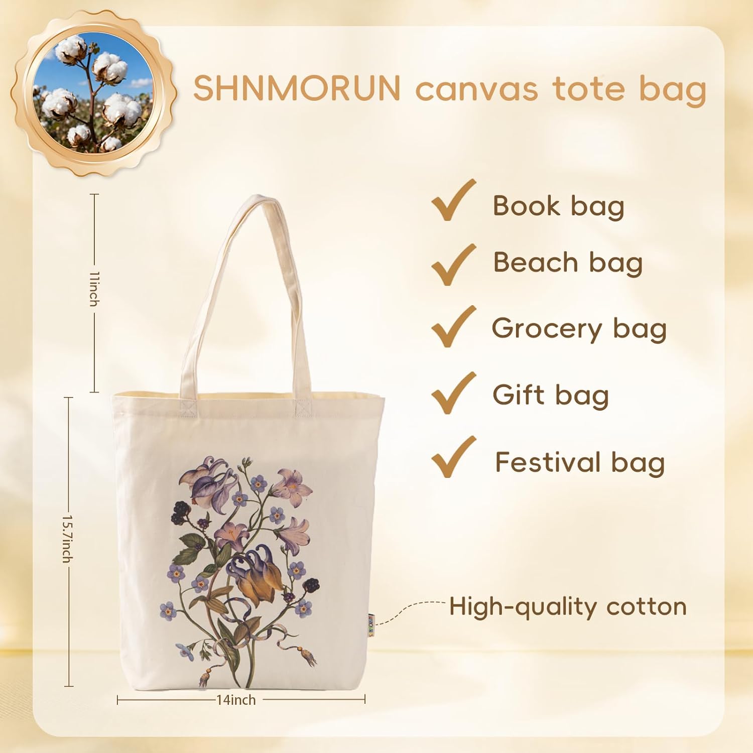 Canvas Tote Bag with Zipper Pockets Cute Natural Life Gifts Grocery Bags, Reusable Bag for Girls Mom Teacher - Image 3