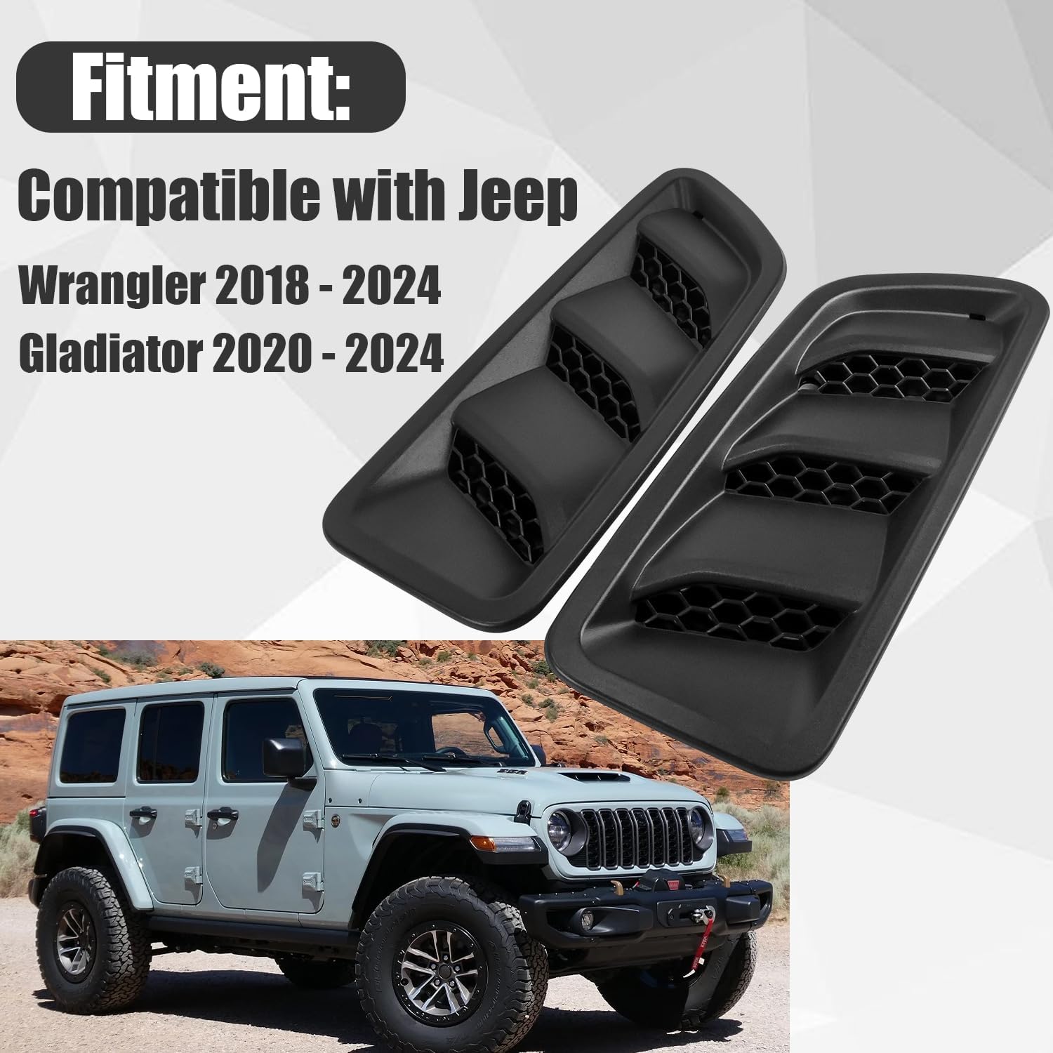 68293749AB 1 Pair Driver and Passenger Side Hood Vent Bezel Compatible with Jeep Wrangler 2018-2024 Gladiator 2020-2024 Hood Vent Grille Replaces 68293748AF 68293749AF 68293748AB 68293749AA 68293749AC