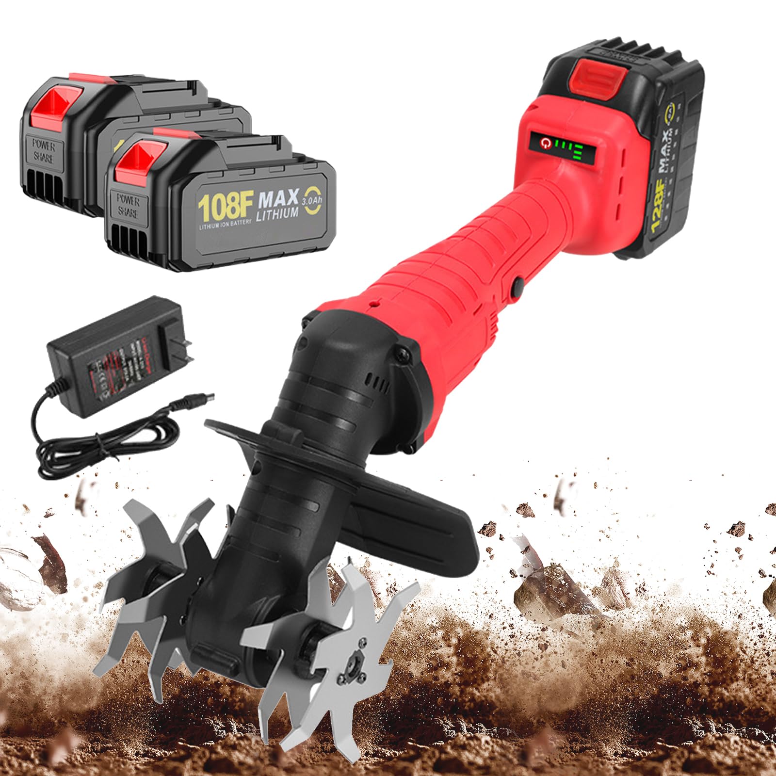 Mini Motobineuse sans Fil Cultivateur, Rotavator De Jardin électrique Portatif avec 2 * 3000mah Batterie, 235rpm, Largeur De Labour 10cm, Profondeur 12cm, Réglage à 3 Vitesses, Motobineuse