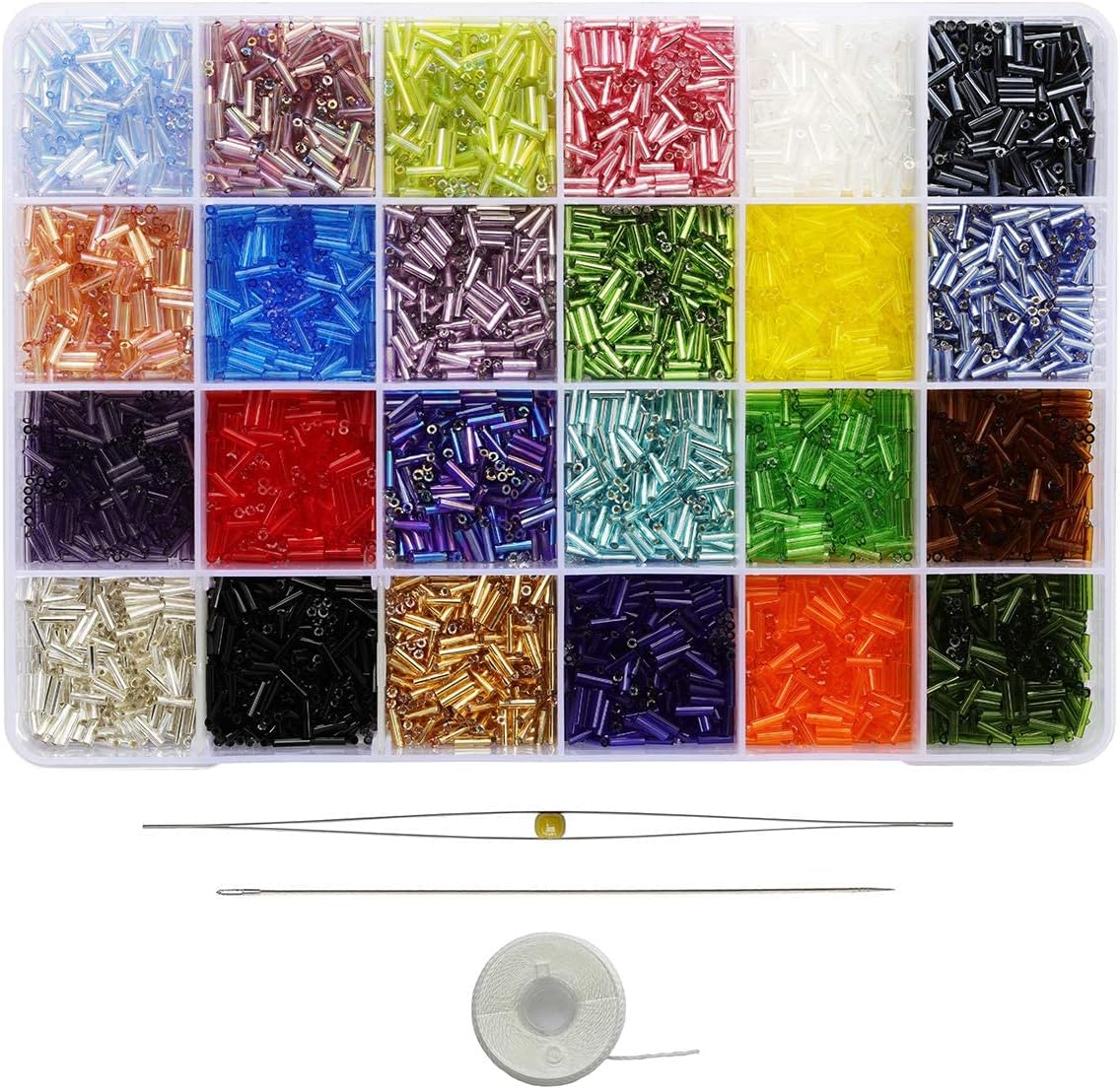 BALABEAD Size 6mm Glass Bugle Beads with Beading Needles About 7200pcs in Box ,24 Multicolor Assortment Length 6mm Tube Beads for Jewelry Making (300pcs/Color, 24 Colors)