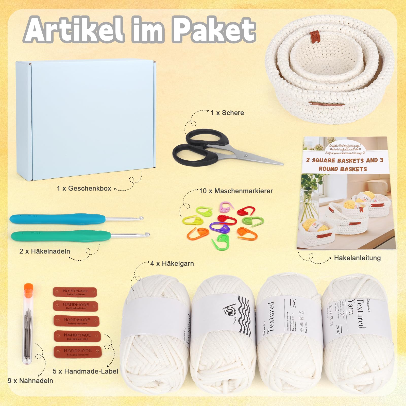 Coopay Häkelset für Anfänger, 3 Größen Rund Körbe Häkelset mit Häkelnadel, Anleitung, 5mm Dicke Wolle zum Häkeln Korb Lernen, Kreative Geschenke für Familie und Freunde - Grau