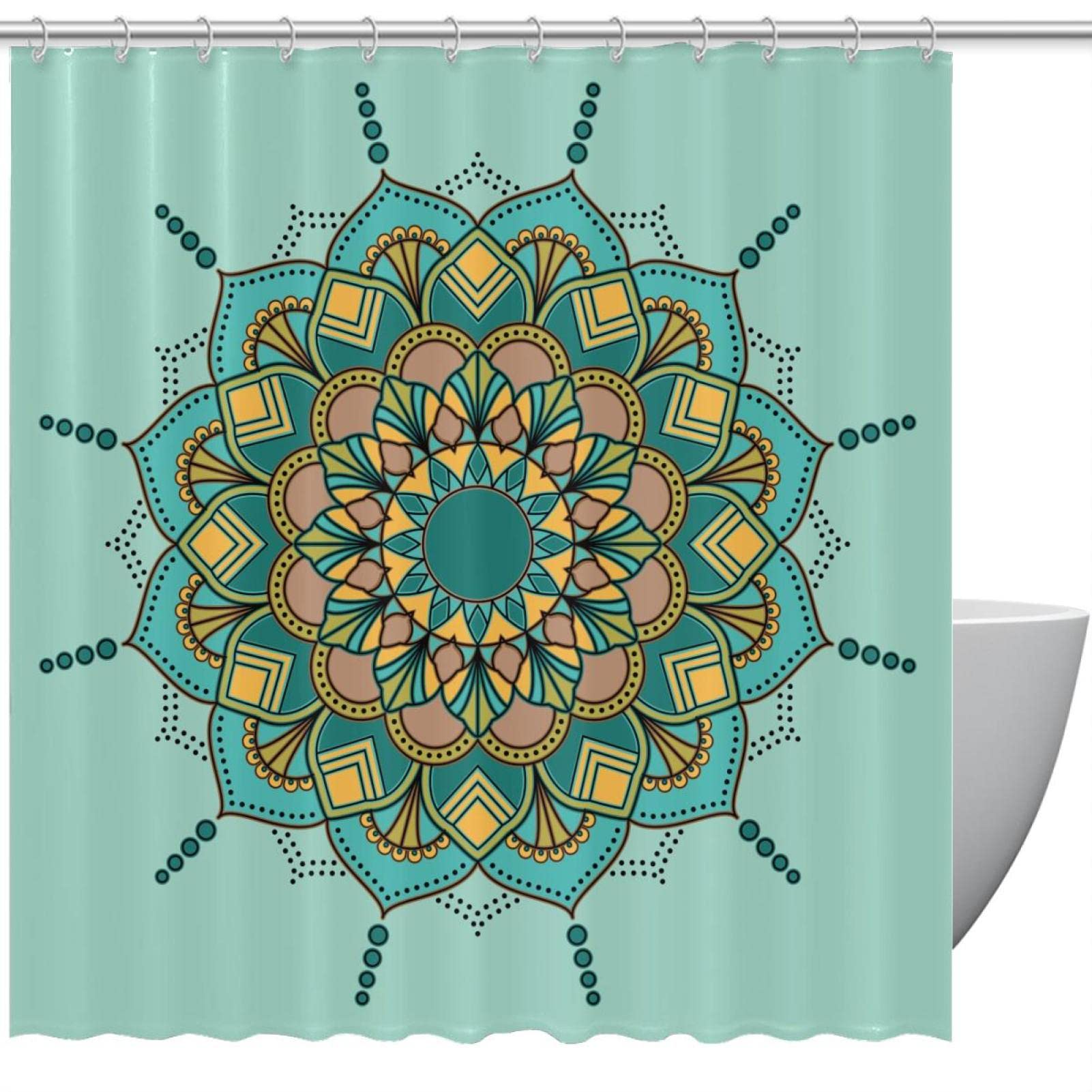 Rideau de douche Mandala Boho Vert Floral Étanche pour Bain 168x183 cm