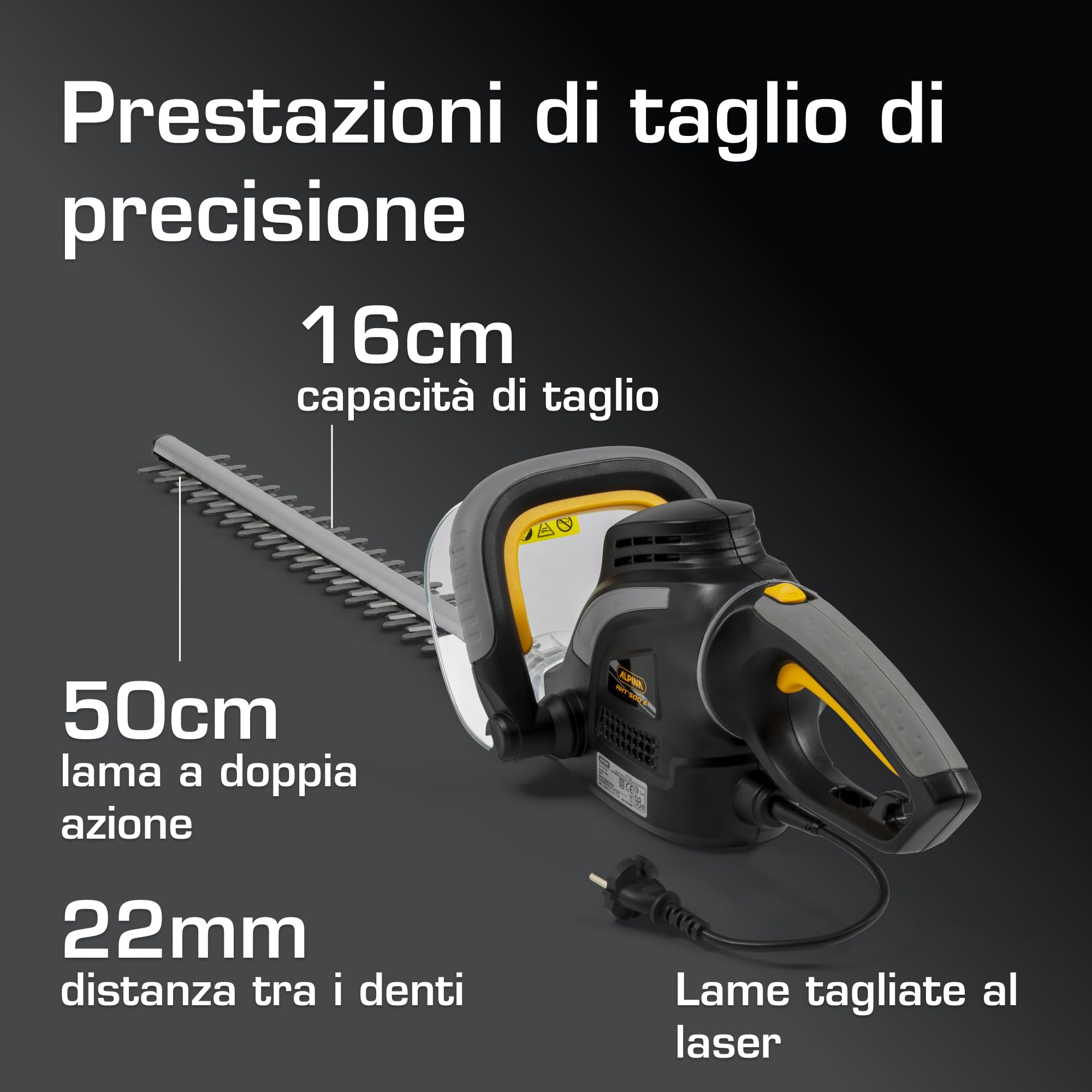 Alpina AHT 500 E Tagliasiepi Elettrico, 500 W, 50 cm – Impugnatura Rotante 180° (5 Pos.), Lama Doppia Azione – Per Siepi Domestiche