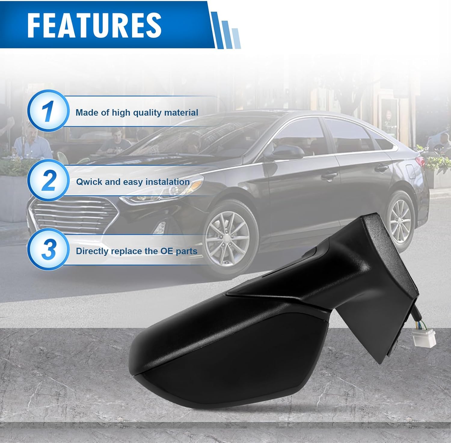 Left Driver Side Mirror Assembly Fits 2015 2016 2017 2018 2019 Hyundai Sonata With Blind Spot Glass Power Glass Heated Manual Folding Match Black Replace HY1320203(5Pins)