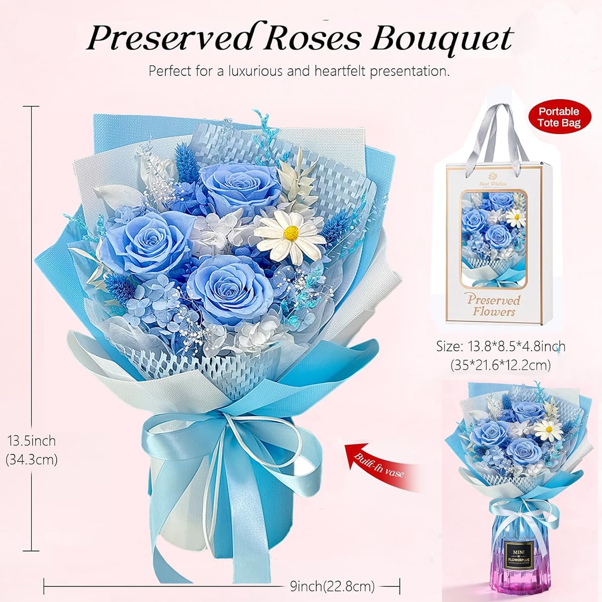 Moonmen Preserved Flowers Bouquet with Vase, 3 Real Forever Flowers for Delivery, Long-Lasting Pink Eteranl Roses Bouquet Birthday Gifts for Women, Mother, Wife, Her (Romantic blue bouquet)