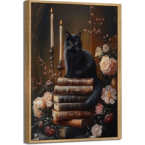 Framed Dark Academia Moody Wall Art Victorian Black Cat Wildflower Book Floral Wall Decor Picture Gothic Vintage Antique Aesthetics Poster Prints for Gallery Library Bookstore Decoration 12x16in