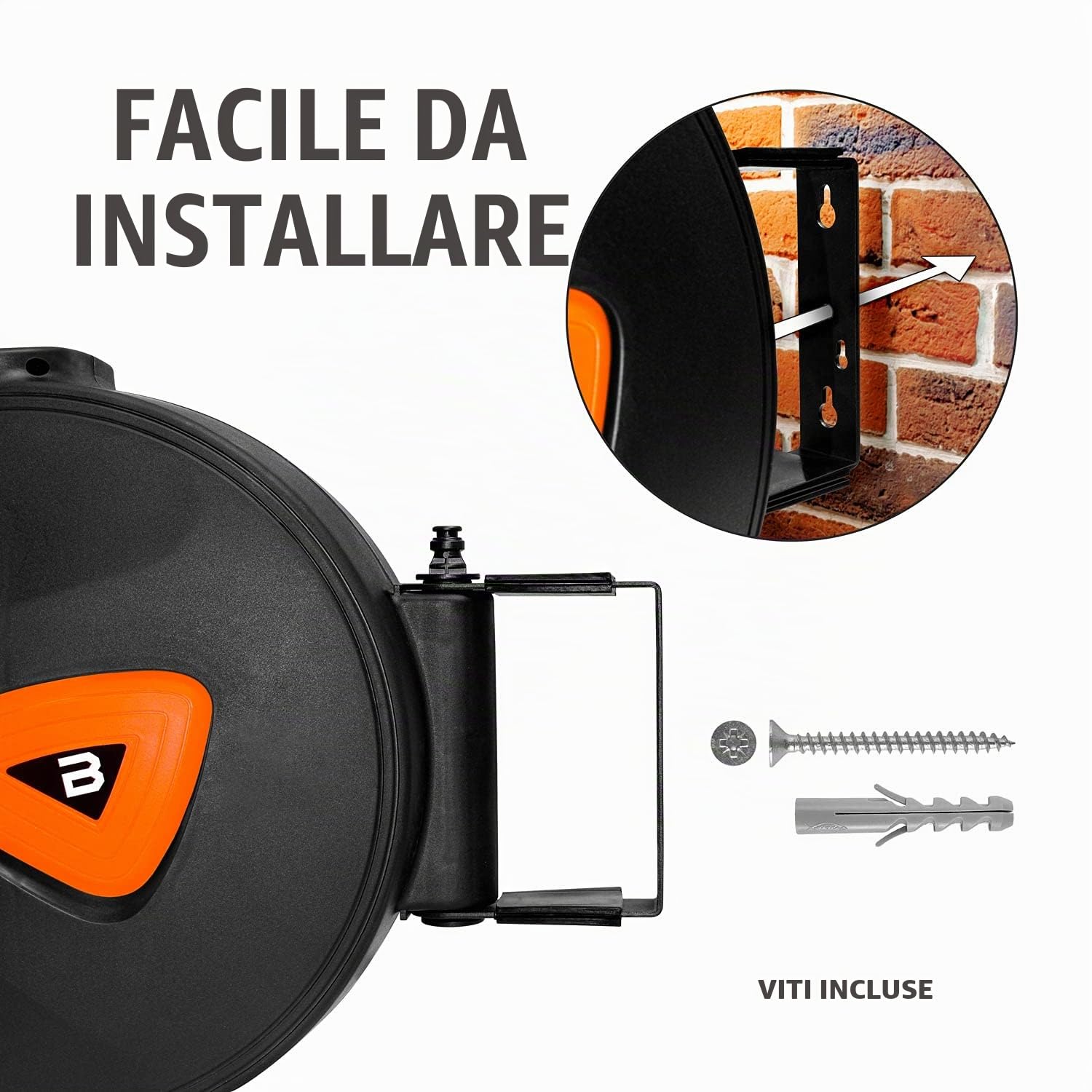 BOUDECH® KAI 20 - Avvolgitubo Automatico per Giardino Acqua Girevole ed Autoavvolgente Montaggio a Parete (20+1MT)