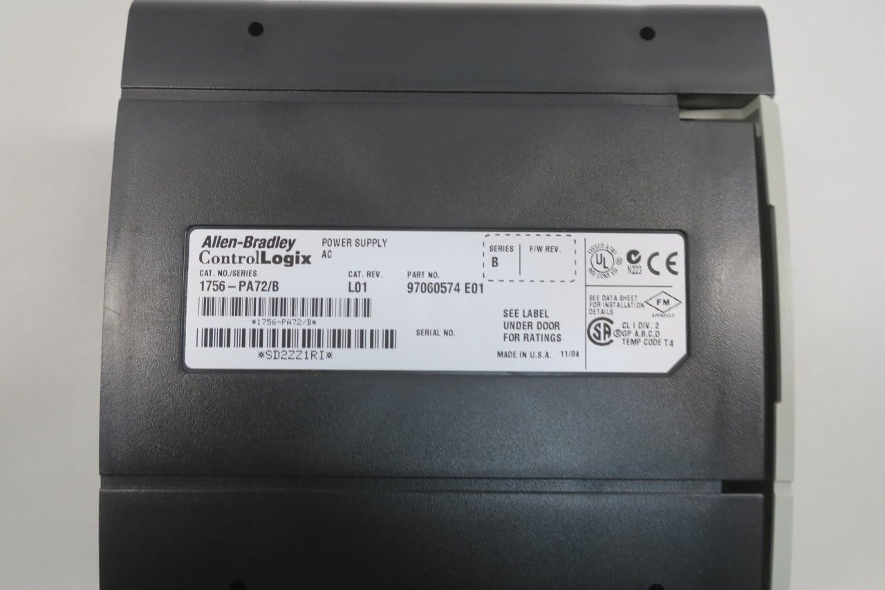 Balik deui view of the Allen-Bradley 1756-PA72 showing product label with serial and part numbers