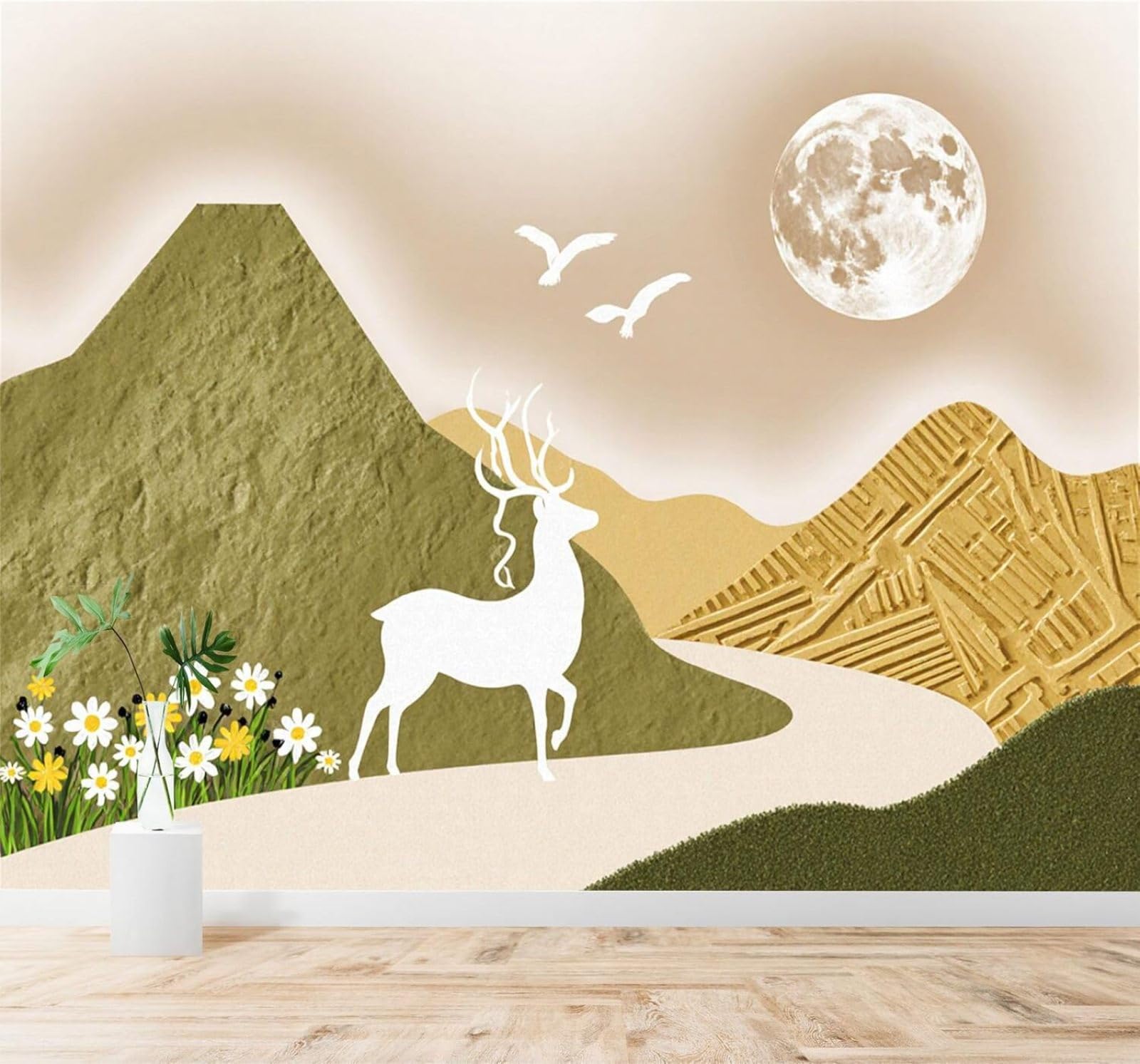 XLMING White Deer Moon Mountains Wildflowers Birds Natural Landscape 3D Wallpaper Silky Texture Home Study Office Grey Dining Room Sofa Bedroom Living Room TV Backdrop-430cm×300cm