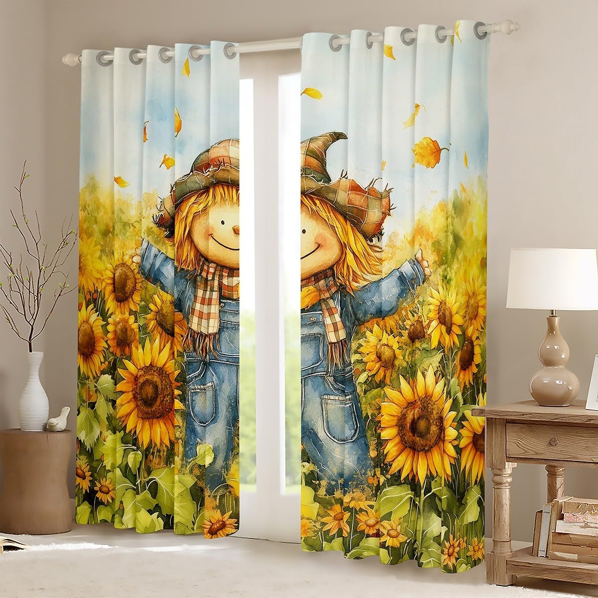 Castle Fairy Autumn Scarecrow Window Curtain,Sunflower Curtains for Kids Boys Girls Teens Living Room,Vintage Watercolor Fall Window Treatment Curtain Rustic Farmhouse Window Drapes,2 Panels,52Wx63L