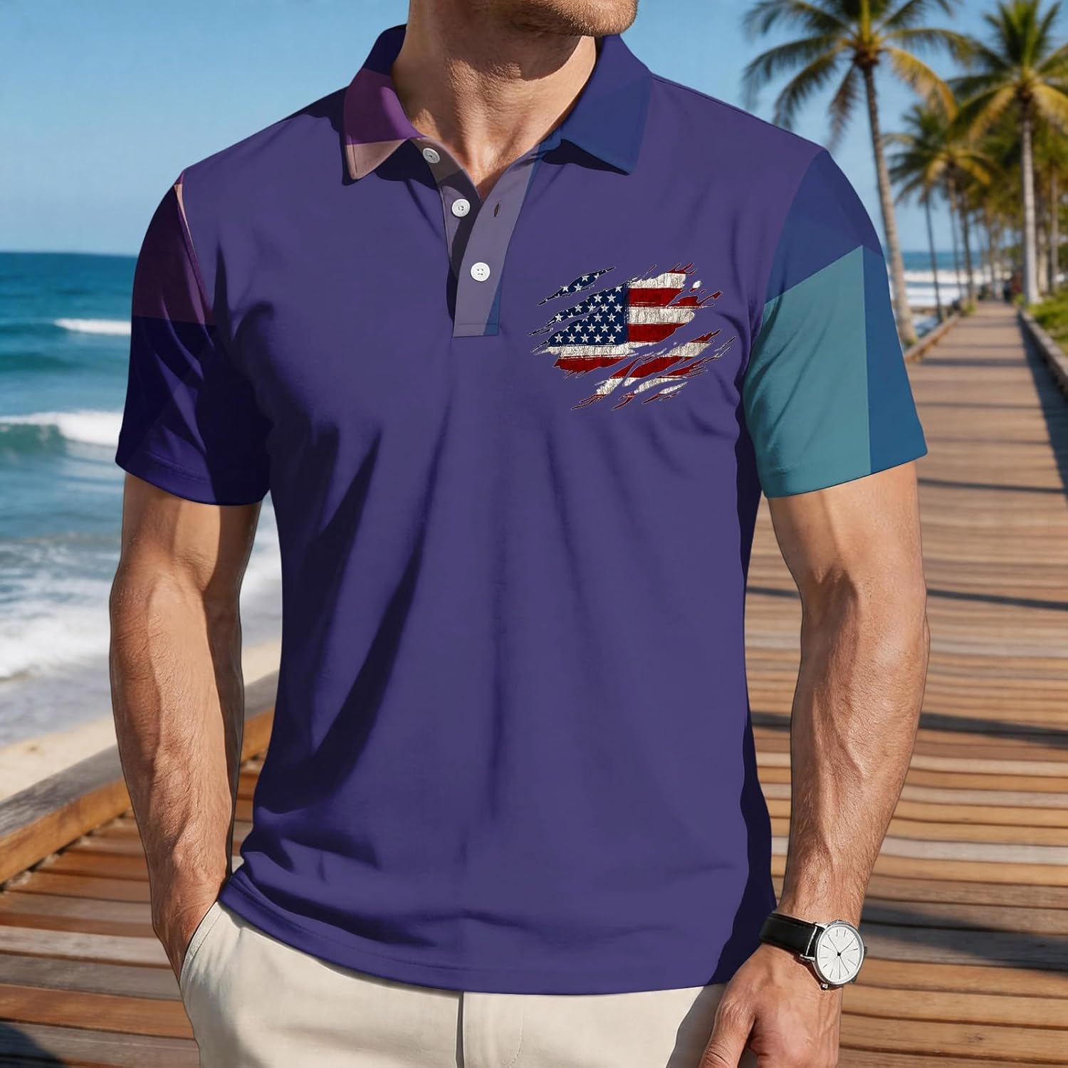 Ymosrh Men's Patriotic Polo Shirts Short Sleeve Distressed USA Flag Print Performance Gym Workout Golf Shirts, S-4XL