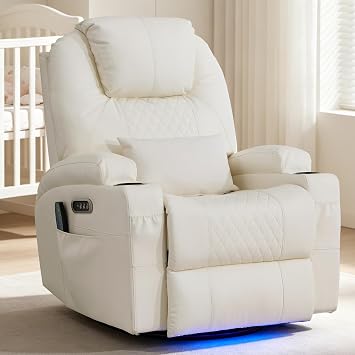 AHMED Rocking Recliner Nursery Chair, Dual Motor Power Swivel Glider, Beige | Nursery Recliner Chair, Heat & Massage, USB A/C Ports, Cup Holders, LED Light