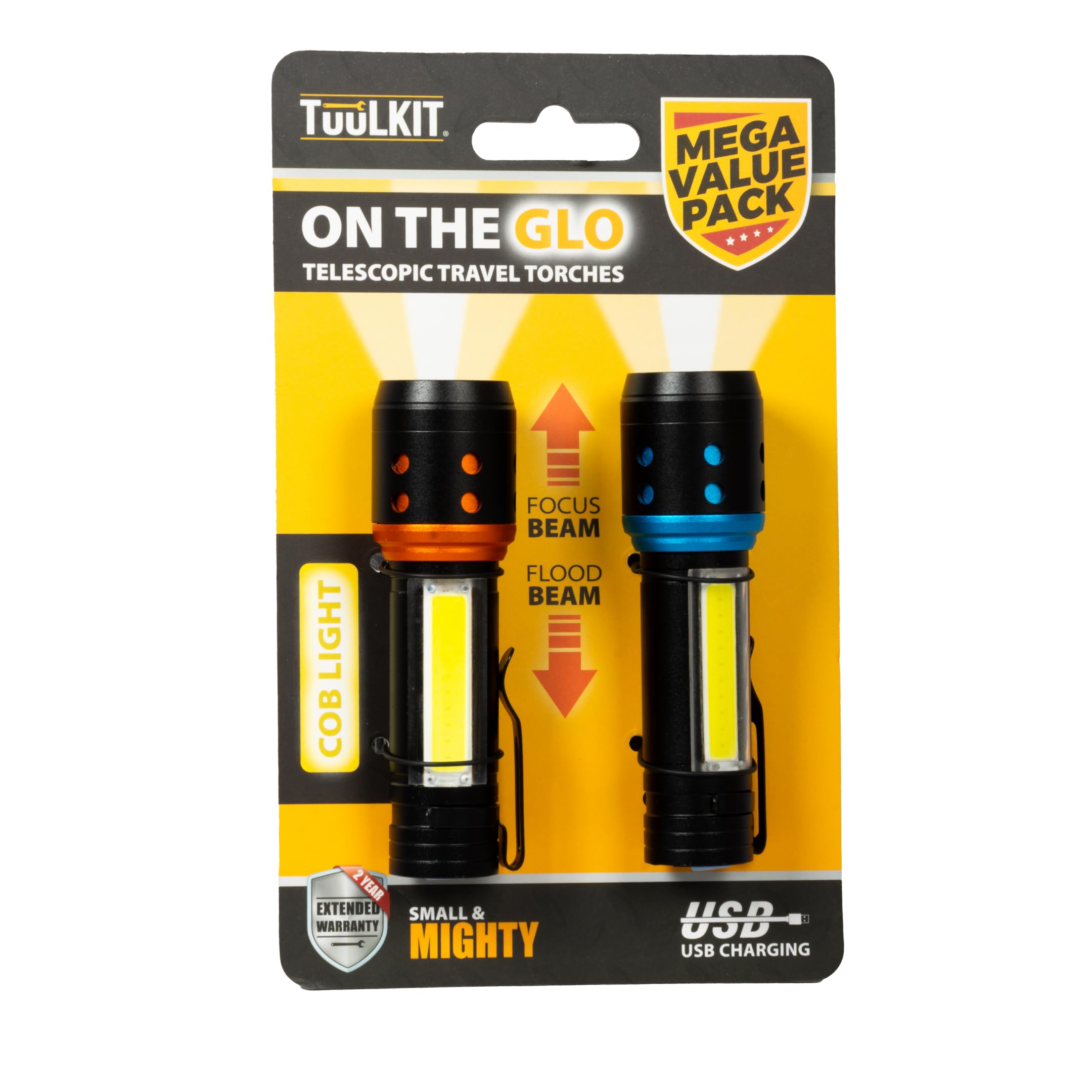 Tuulkit Black Travel Torches | Telescopic | Set Of 2 Usb Rechargeable Torches | Small & Mighty Cob Led Flashlights | Focus & Flood Beam | Compact Camping Torch With 2Year Warranty