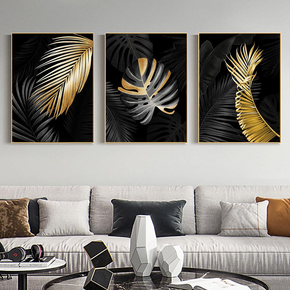 WBYZAC Wall Pictures-Gold Black Tree Leaves Canvas Paintings Wall Pictures Nordic Modern Living Room Wall Art Prints Poster Bedroom Kitchen Decor Artwork-40 * 50cm*3PCS (No Frame)