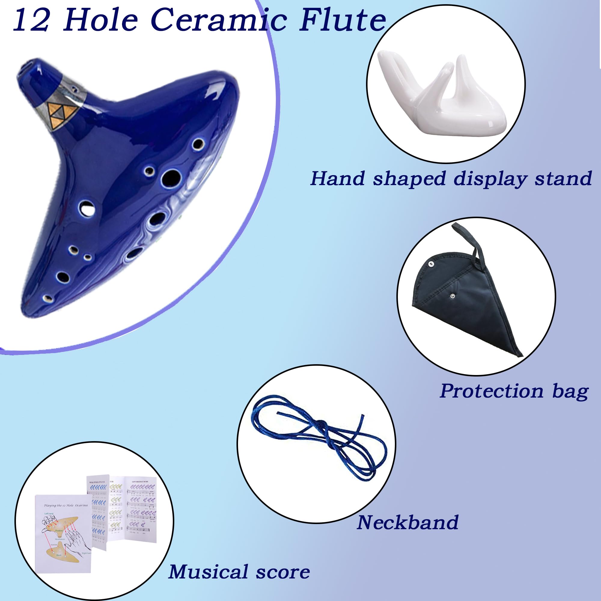 Ocarina, 12 Buche Alto C Leggenda di Ocarina, con Espositore a Forma di Mano, Custodia Protettiva, Cordino da Collo e Libro Canzoni, Adatto ai principianti (blu)