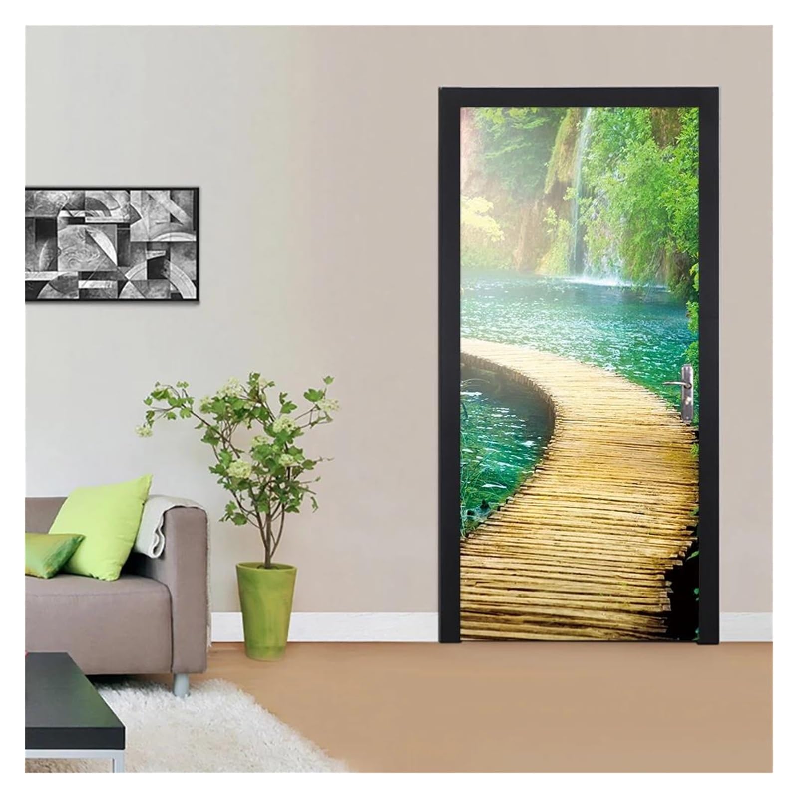 Sticker de porte en vinyle lavable peler et coller avec motif pont de campagne 77x200cm