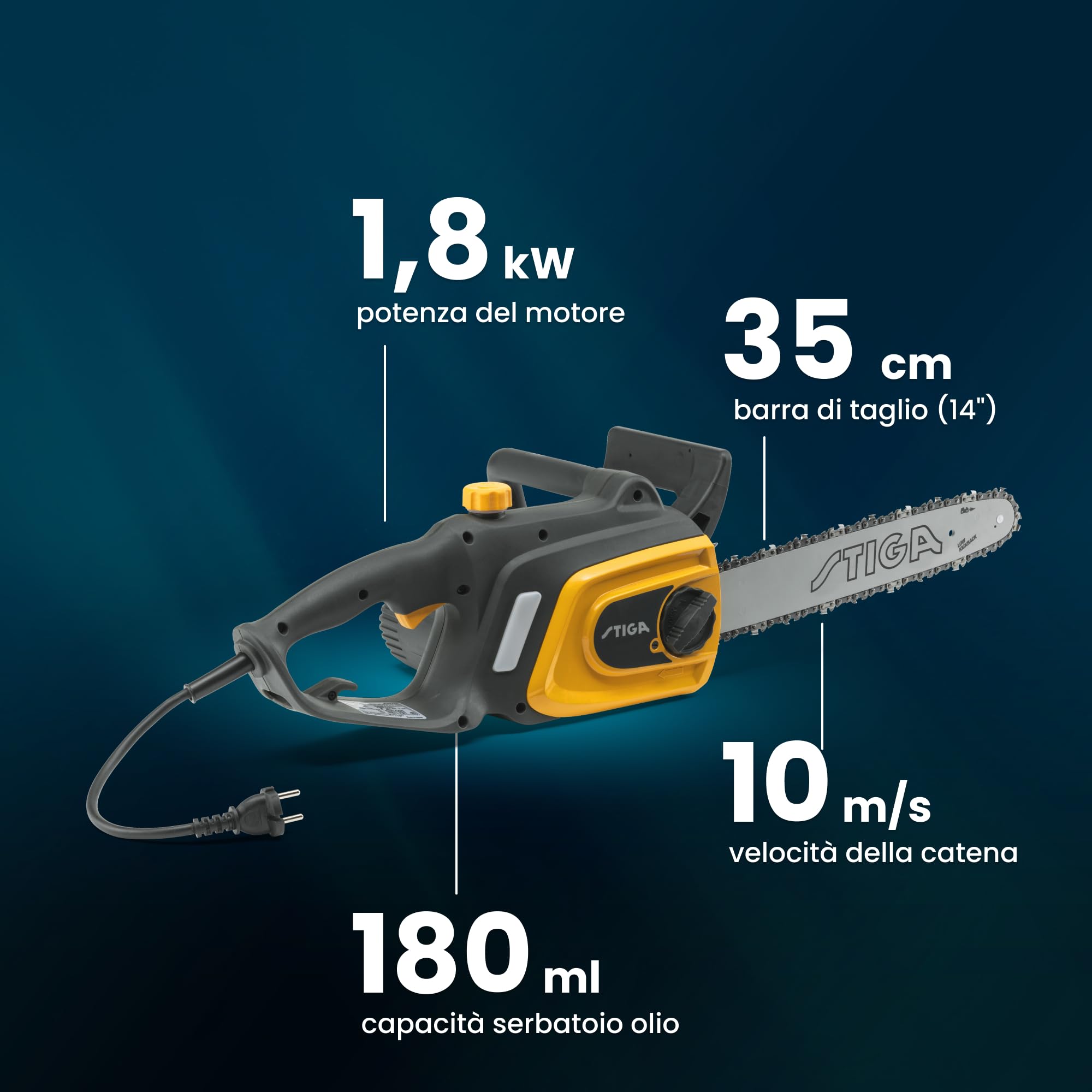 STIGA CS 118c (14") Motosega elettrica, 1.8 kW, Barra 35 cm – Freno catena manuale, Pompa olio automatica – Per potatura e taglio di ceppi robusti