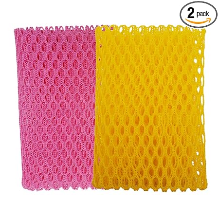 Innovative Dish Washing Net Cloth/Scourer - 100% Odor Free/Quick Dry - No More Sponges with Mildew Smell - Perfect Scrubber for Washing Dish - 11 by 11 inches - 2PCS - Yellow/Pink/Yellow or Pin