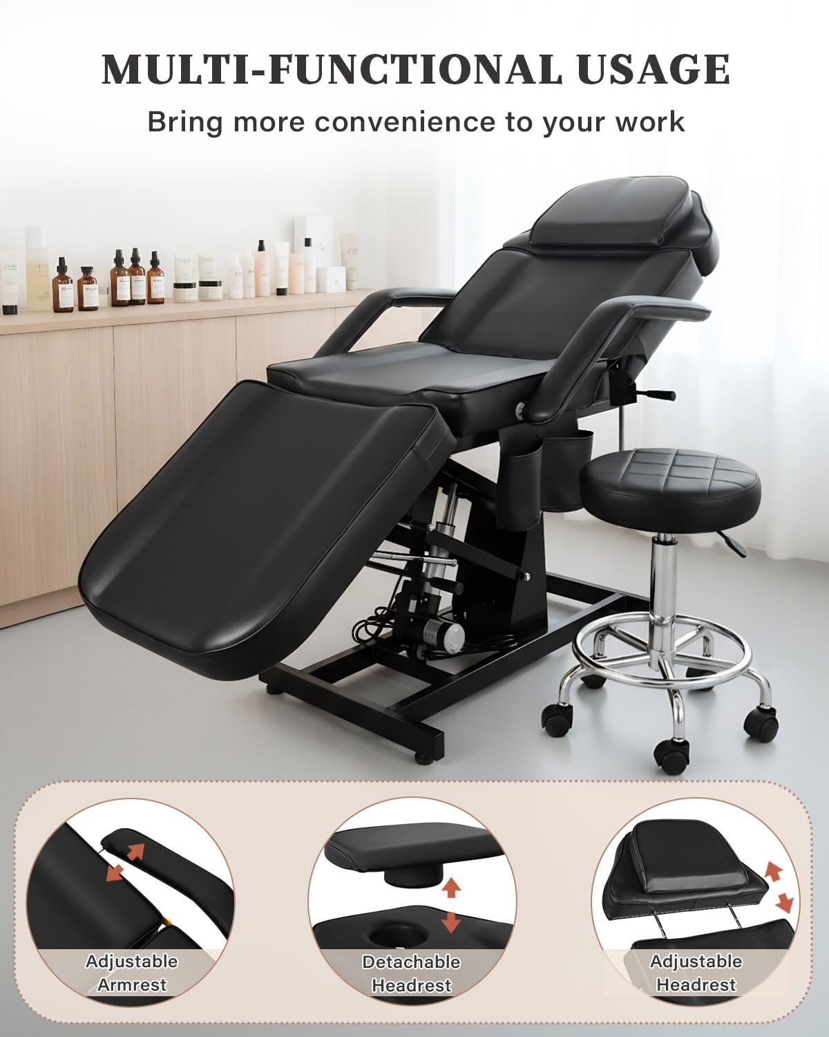 Electric Facial Bed Tattoo Chair for Client, Fully Electric Adjustable Massage Table, Multi-Functional Lash Facial Bed Stretchable Headrest for Eyelash Estheticians Salon Tattoo Chair