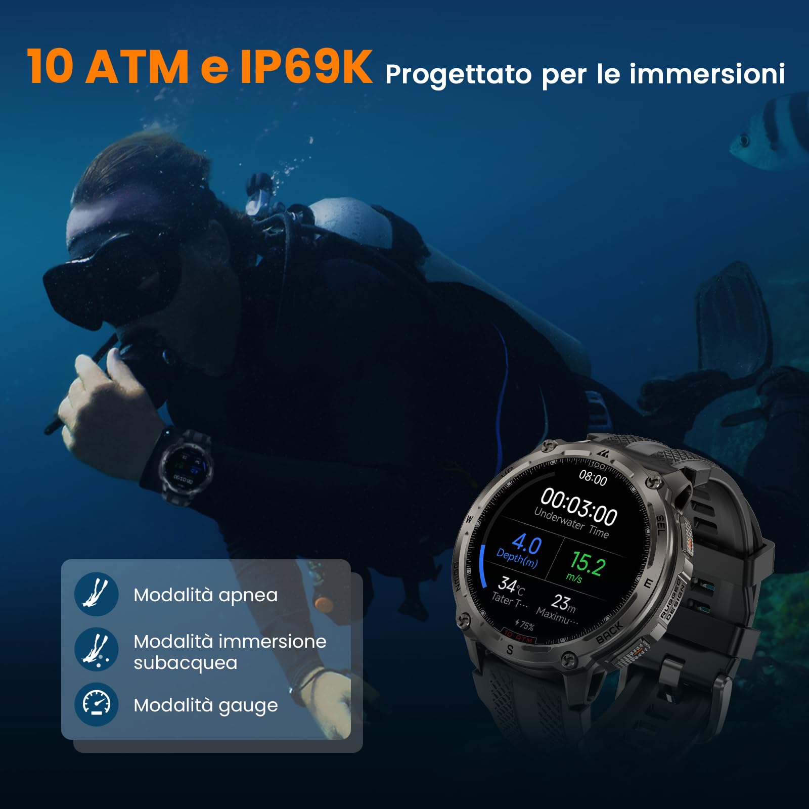 KOSPET Tank T4 Smartwatch Uomo, Acciaio Inox Completo, GPS a 6 Satelliti & Mappe Offline, 10ATM Subacqueo 45m, Batteria 50 Giorni, Chiamate Bluetooth, Monitor Salute 24/7, 1.43",Android & iOS Nero