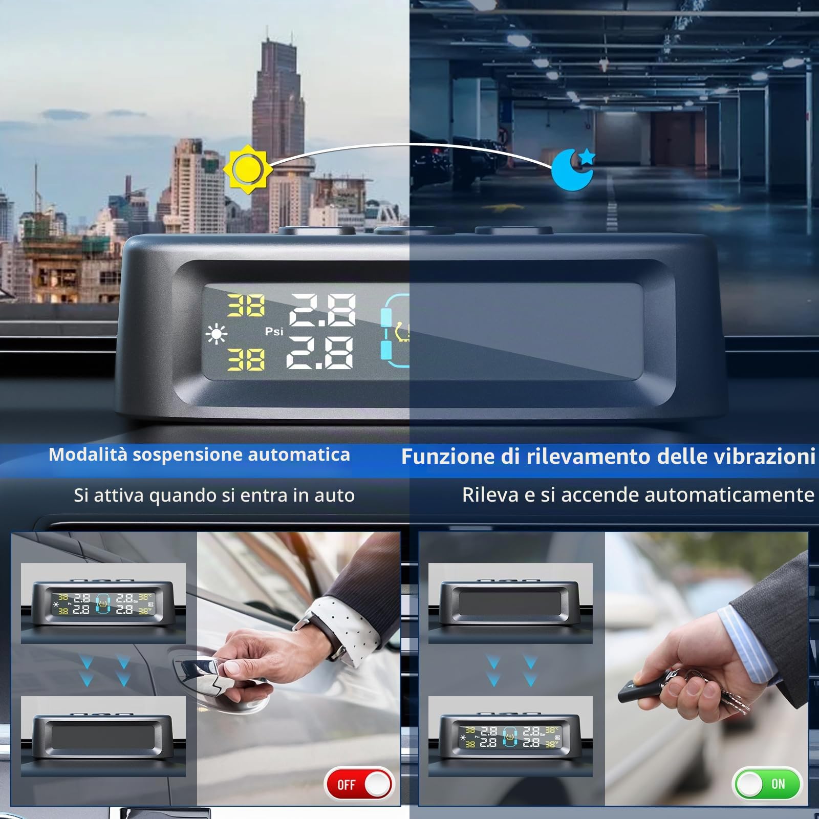 KAOLALI Sistema di monitoraggio della pressione dei pneumatici TPMS, monitoraggio della pressione dei pneumatici solare senza fili con 4 sensori esterni, visualizzazione in tempo reale della