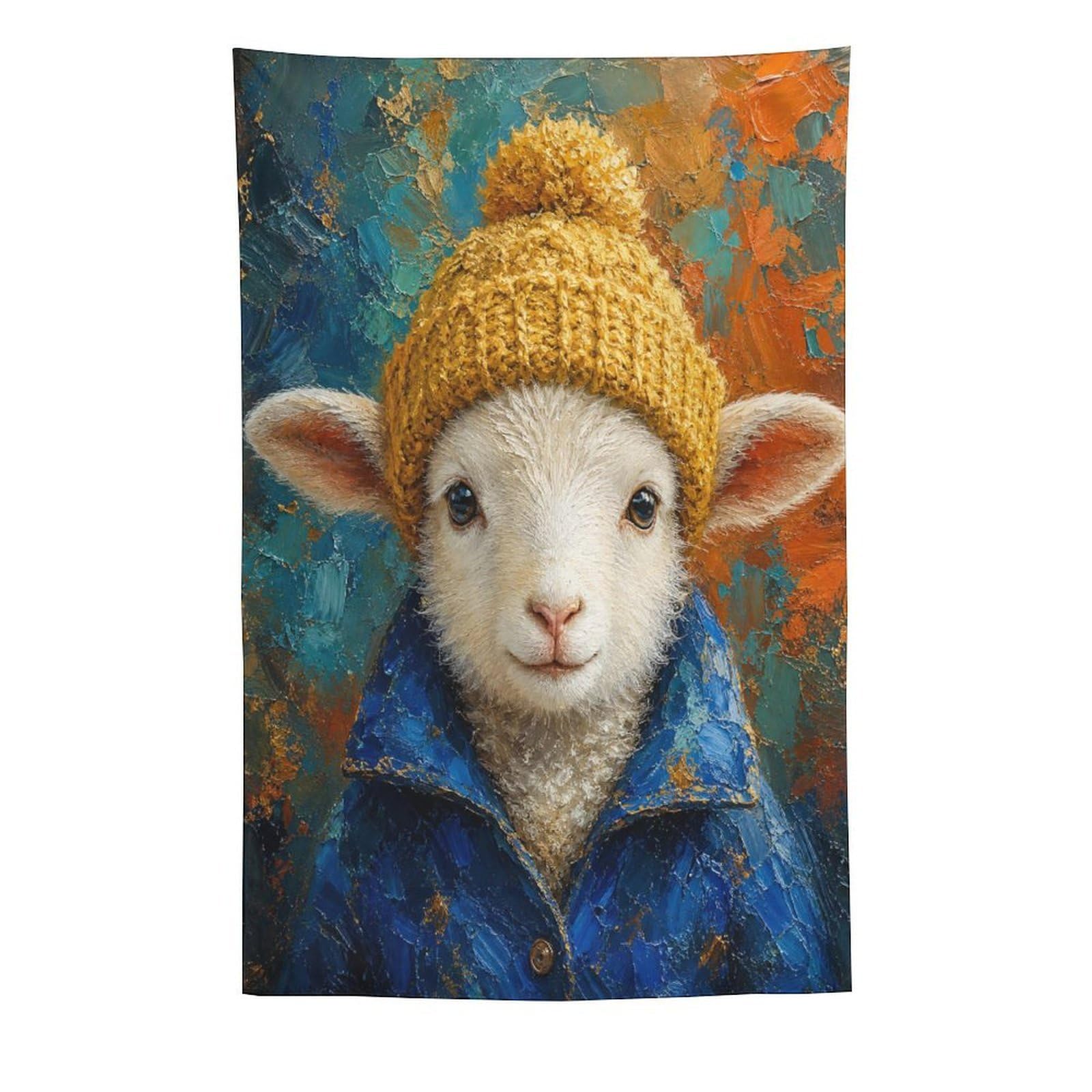H3B8U2Y5 Lamb Winter Hat Blue Coat Wall Tapestry, Soft Snow Mood