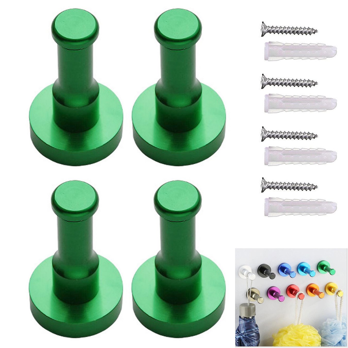 UOOOM 4 pcs Space Aluminum Wall-Mount Coat Robe Hooks Colorful Clothes Towel Hook Hanger (Green)