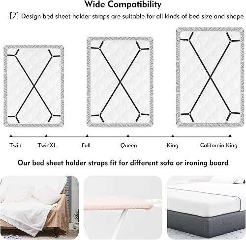 Miniatura 10 de Correas de soporte para sábanas, 4+2 clips ajustables para colchón, sujetadores de sábanas elásticos para mantener la sábana en su lugar para