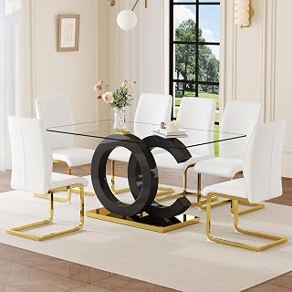 63" Glass Dining Table Set for 6, Modern Dining Table Set for 6, Tempered Glass Tabletop with Black OC-Shaped Legs and Gold Base, Black Gold Kitchen Table Set with 6 Cantilever Upholstered Chairs