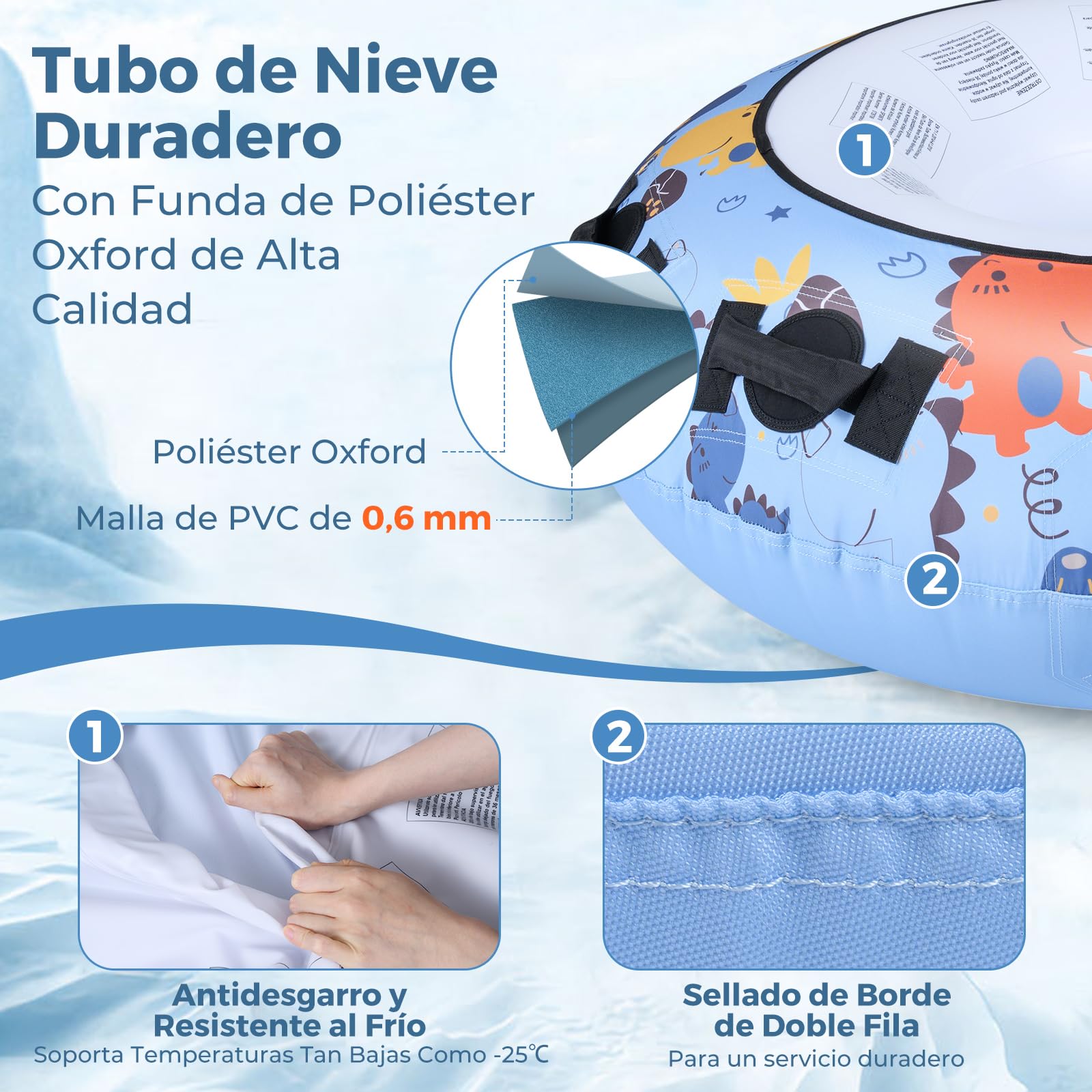 COSTWAY Tubo de Nieveφ132 cm, Oxford, Trineo de Nieve Inflable con Asas Resistentes E Inflador Manual, Carga hasta 100kg, Tubo de esquí Inflable Niños y Adultos