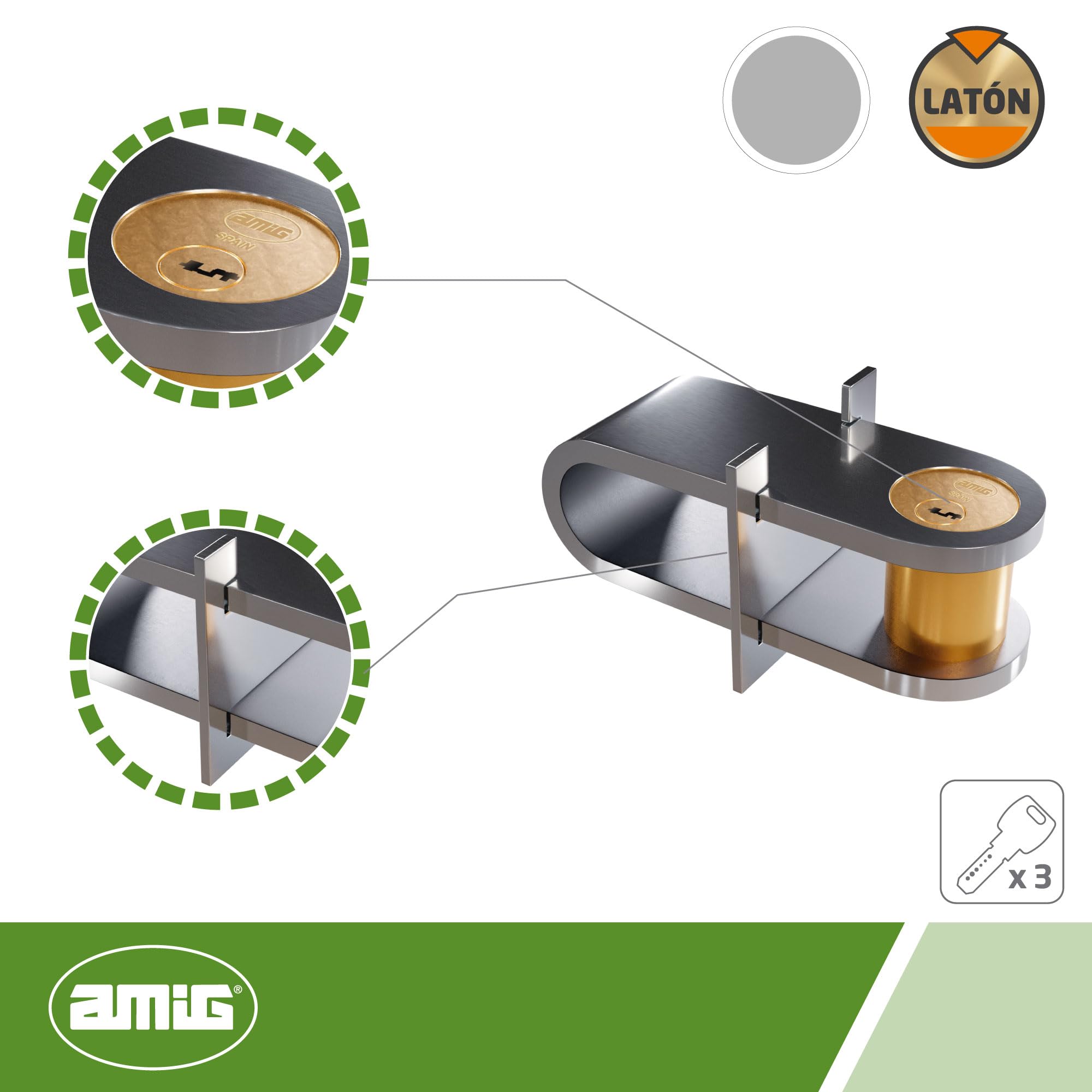 Amig - Cerradura de Alta Seguridad Modelo 680 para Puertas de Ballesta - Latón Cromado Brillo - Incluye 3 Llaves de Puntos - 115 x 40 mm - Ideal para Cierres Extensibles y Cancelas