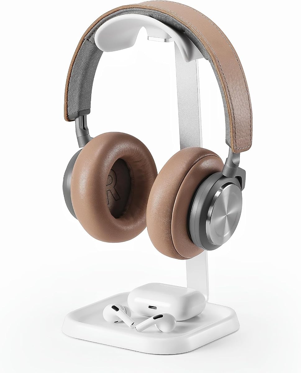 Soporte para auriculares, soporte curvo para auriculares con bandeja de almacenamiento, soporte para auriculares para juegos para AirPods Max, AirPods Max 2, AirPods, AirPods Pro, Beats, Bose, Sony y más (blanco)