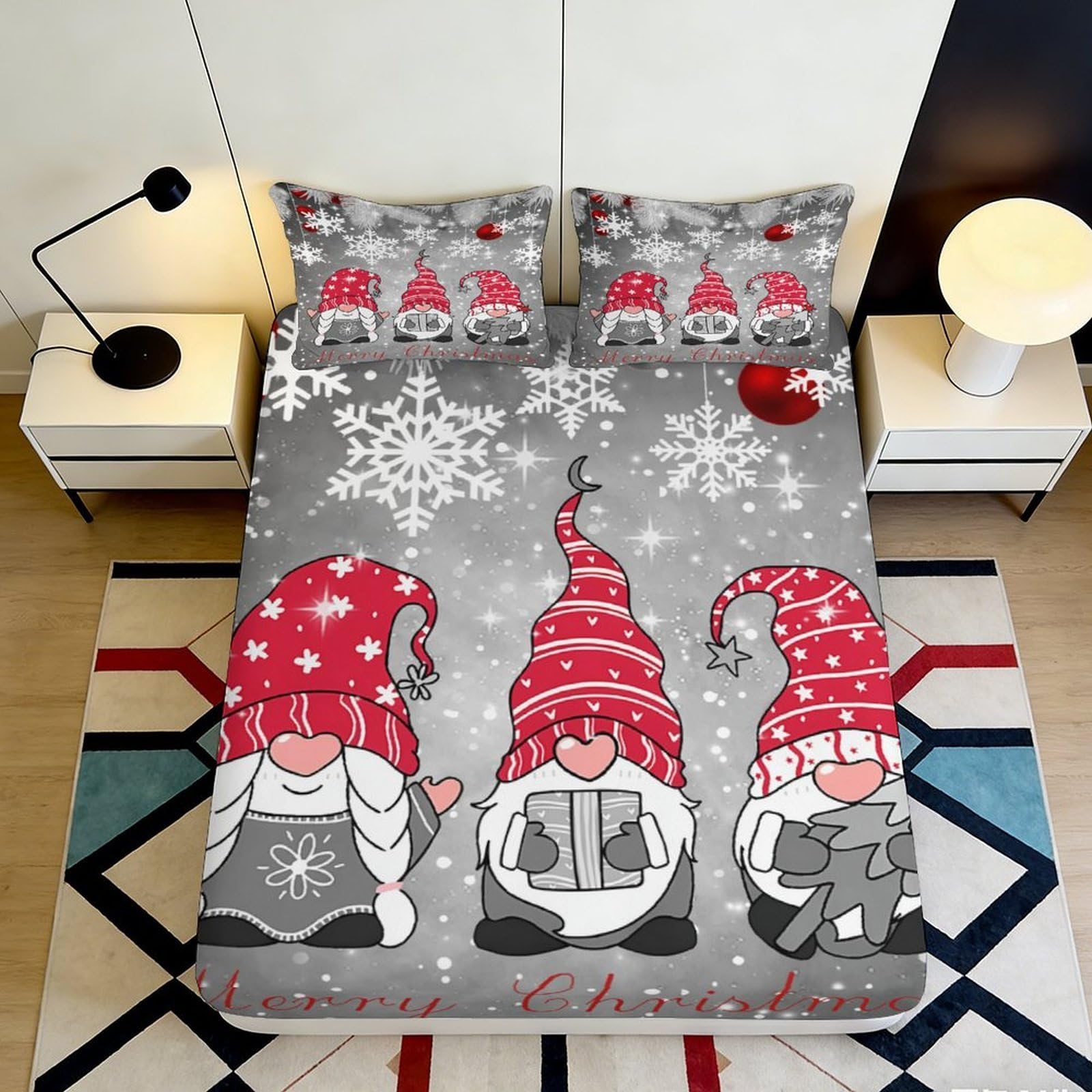 3D Printed Christmas Gnome Fitted Sheet Microfiber Soft Grey Red Snowflake Bed Cover for Bedroom Guest Room Decor 90x200x25cm