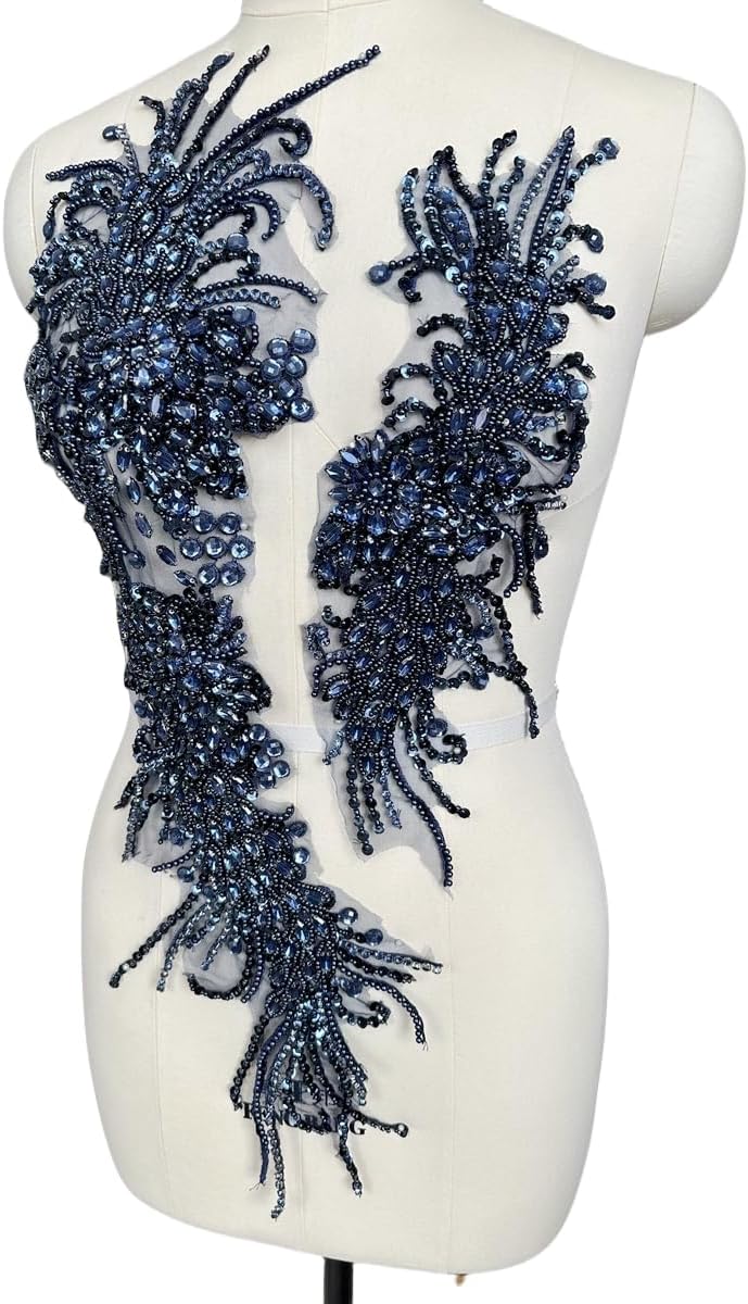 Pure Handmade lace Rhinestones Applique Shining Decoration Trim Patches with Sewing Beads Acrylic Stones for Dress Clothing Accessories (Deepblue)