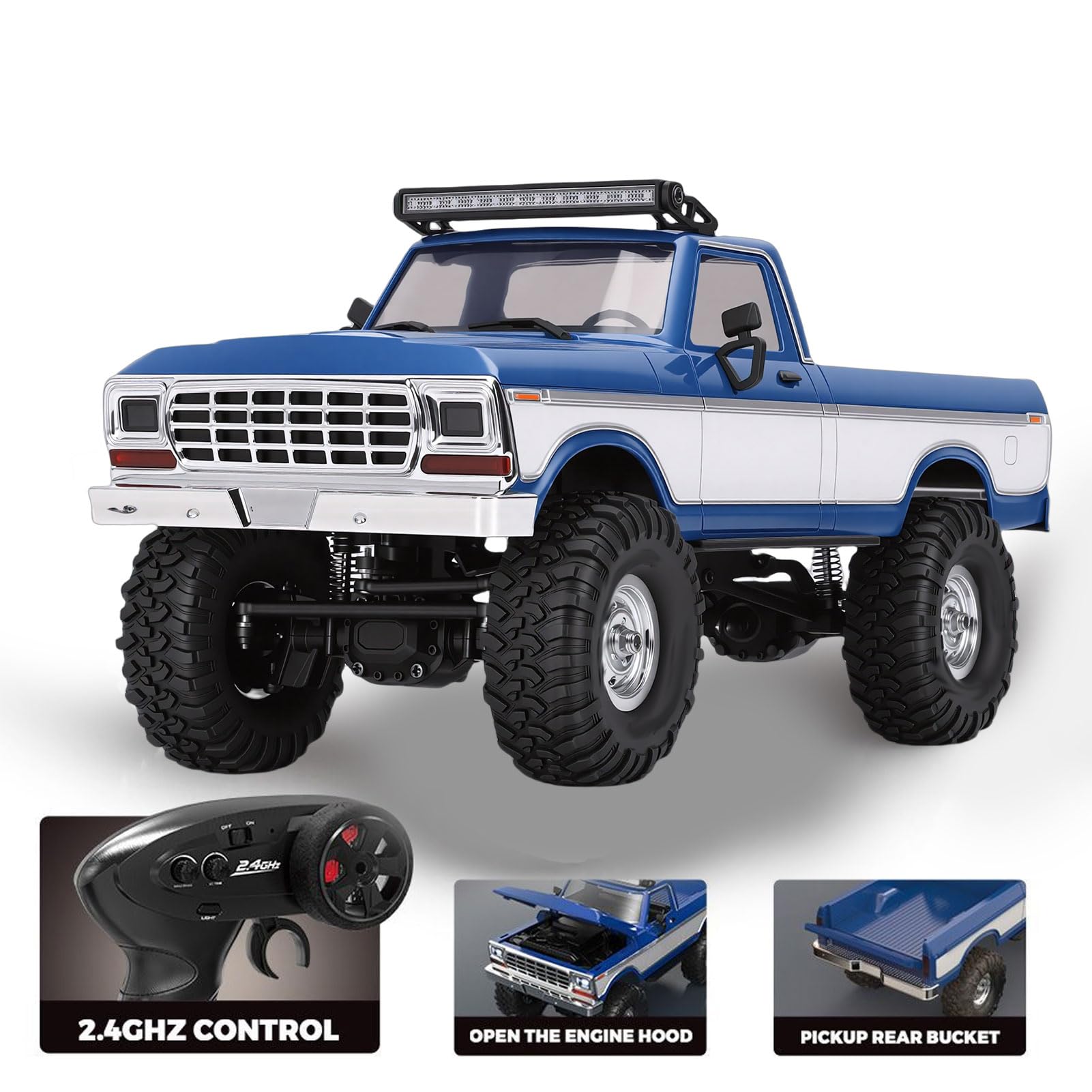 Fockety Camion RC 1/16, Auto RC con Luce e Ammortizzazione per Superfici Rocciose, Sabbia e Spiagge, Camion Giocattolo Fuoristrada Telecomandato ad Alta Velocità 2.4G per Regali (BLUE)