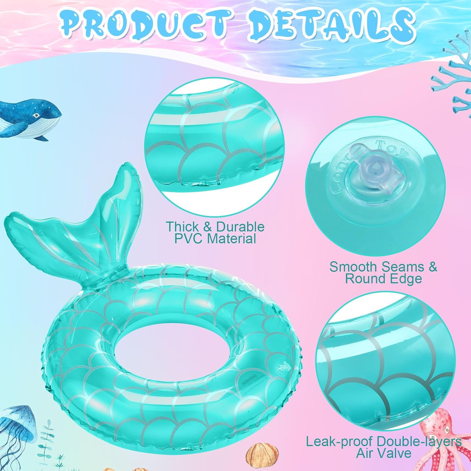5 Pack Pool Floats Include 4 Pcs Mermaid Inflatable Pool Float Tube 1 Pcs Floatie Raft Mermaid Tail Swim Ring for Beach Water Toys