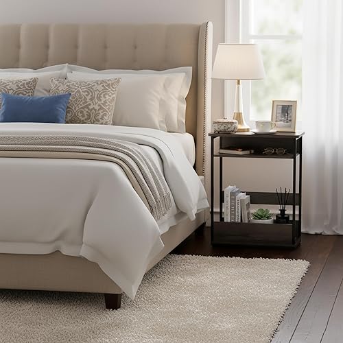 Miniatura 5 de Mesa auxiliar estrecha vintage con estante de almacenamiento, mesa auxiliar delgada de 3 niveles, mesa de sofá moderna para espacios estrechos y