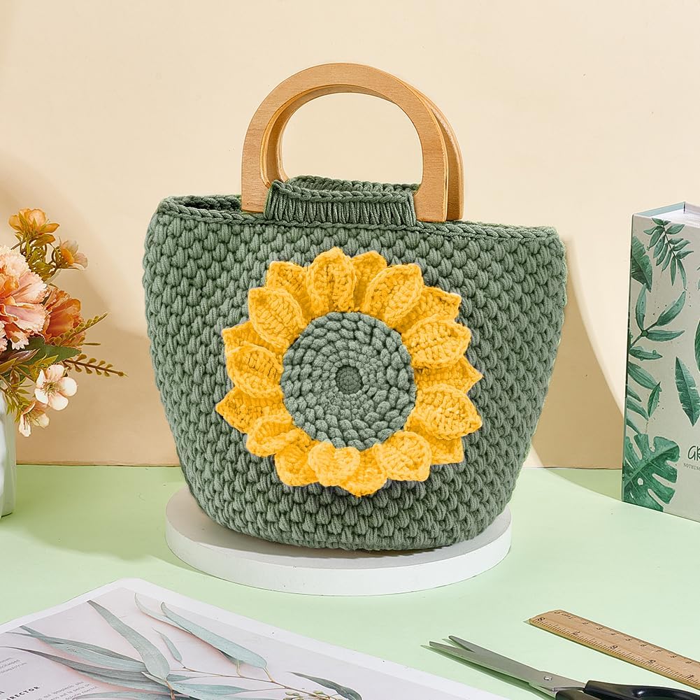 FREEBLOSS Crochet Bag Kit Sunflower Handbag Knitting and Crochet Kit with Wood Handle English Instructions Handbag Making Kit for Craft Crocheting Kit for Beginners