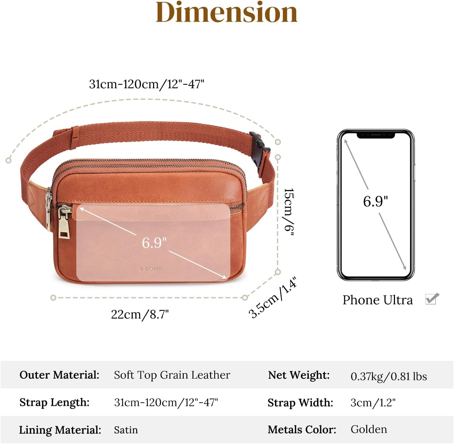 S-ZONE Fanny Packs for Women Genuine Leather RFID Blocking Crossbody Bags Purses Sling Waist Chest Bag Gifts Travel Running Adjustable Strap Men - Image 5
