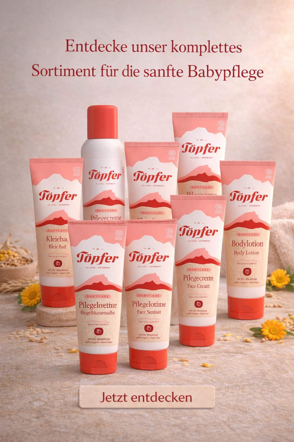 Töpfer Babycare Kleiebad – milder Badezusatz für empfindliche Babyhaut ab Geburt – mit Bio-Weizenkleie & Bio-Olivenöl – glutenfrei & vegan – 6x150ml
