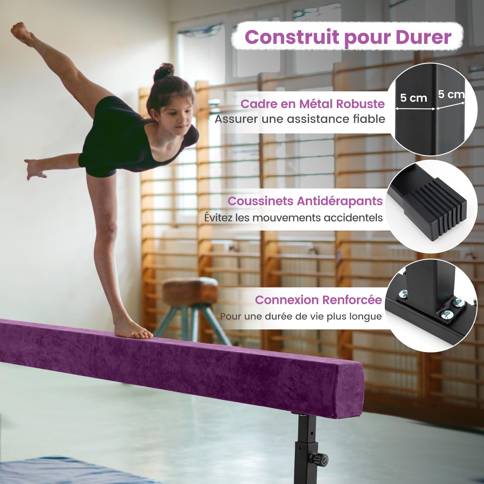 GOPLUS Poutre d'Équilibre Réglable 226 CM, Gymnastique Poutre 3 Hauteur Réglable Haute et Basse, Équipement d'Entraînement à Domicile avec Pied et Roue, pour Débutant & Professionnel
