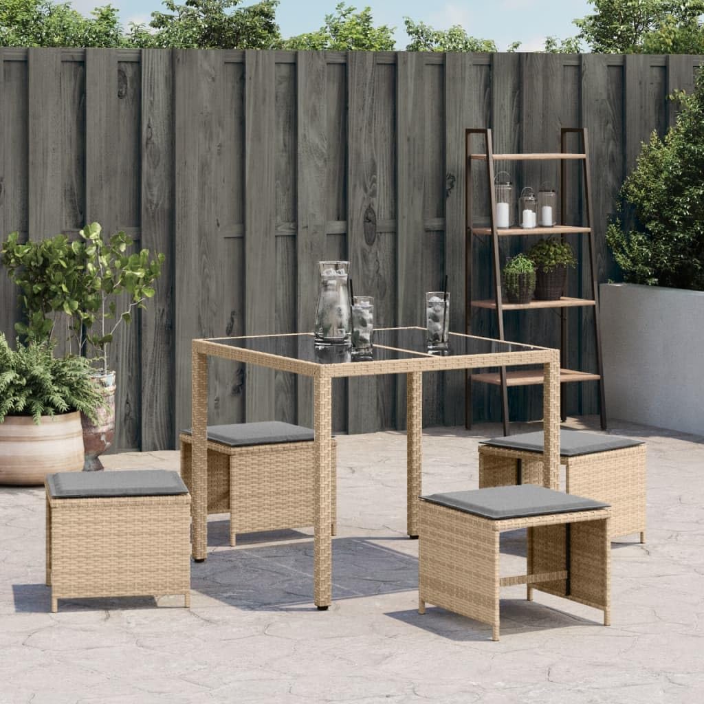 Taboret ogrodowy z poduszkami, 4 sztuki, polirattan, beżowy