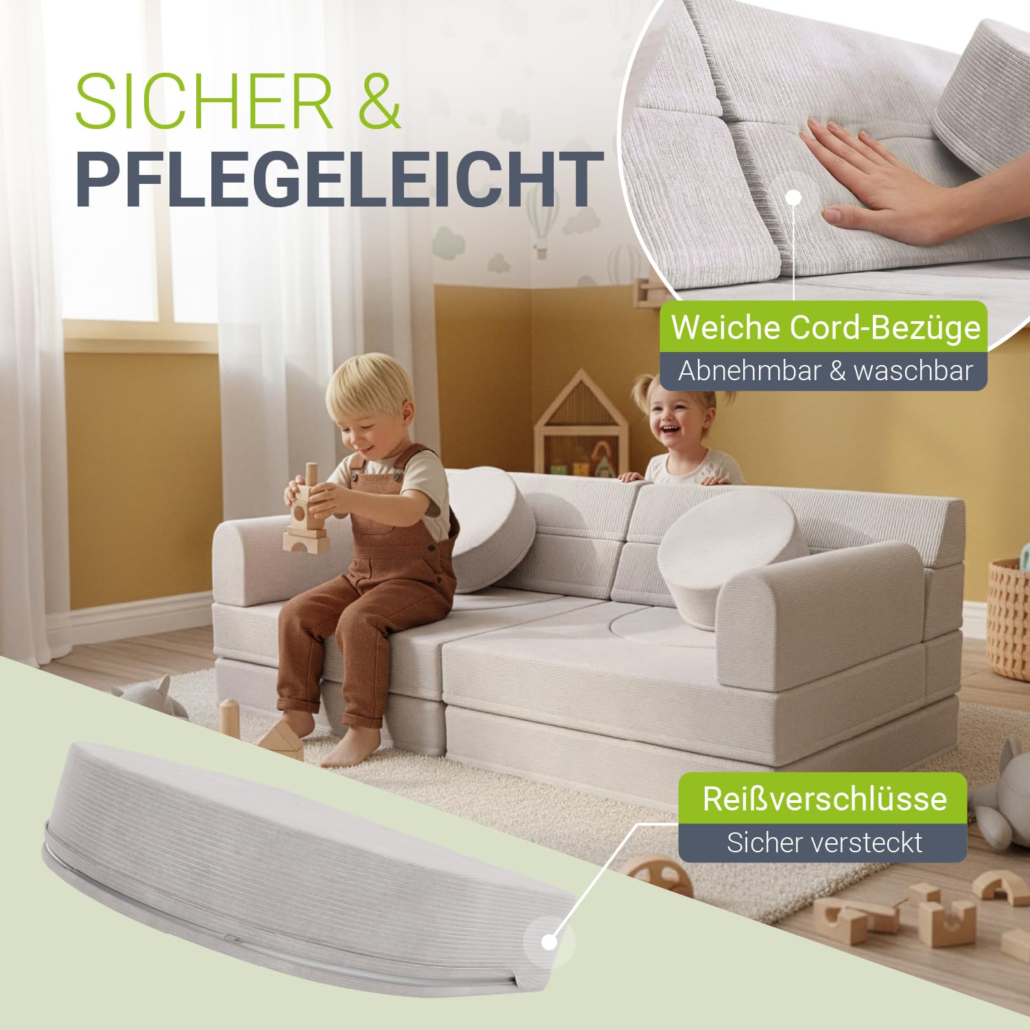 Juskys® Kindersofa Kayo – Cord, modular & weich, Sofa für Kinderzimmer & Spielzimmer, sicher, flexibel, pflegeleicht, mit abnehmbaren Bezügen – Beige