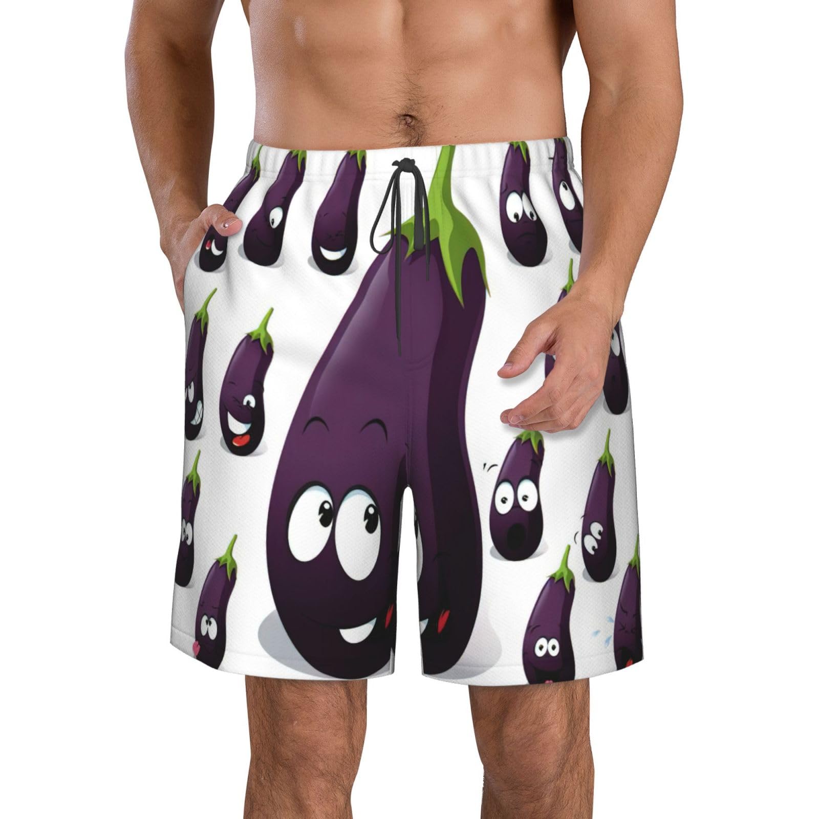 Duwaa Men's White Cartoon Eggplant Print Casual Short, Lightweight Summer Beach Shorts, Quick Dry Workout Athletic Shorts