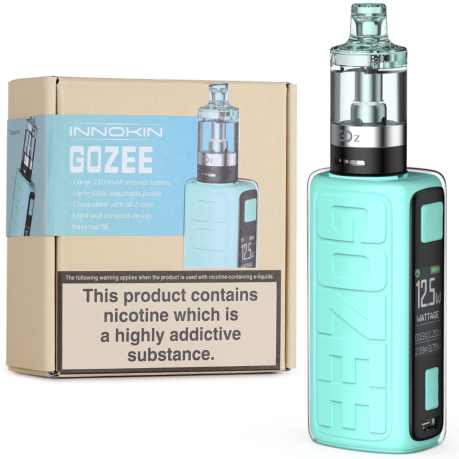 Innokin GOZEE Vape Starter Kit, 2100mAh E-Cigarette Box Mod, 60W Electronic  Vapouriser Using Zenith Z-Coil, Clear Screen, Type-C Fast Charge,  Adjustable Airflow AMZ UK 2ml, No Nicotine - Turquoise : Amazon.co.uk:  Health